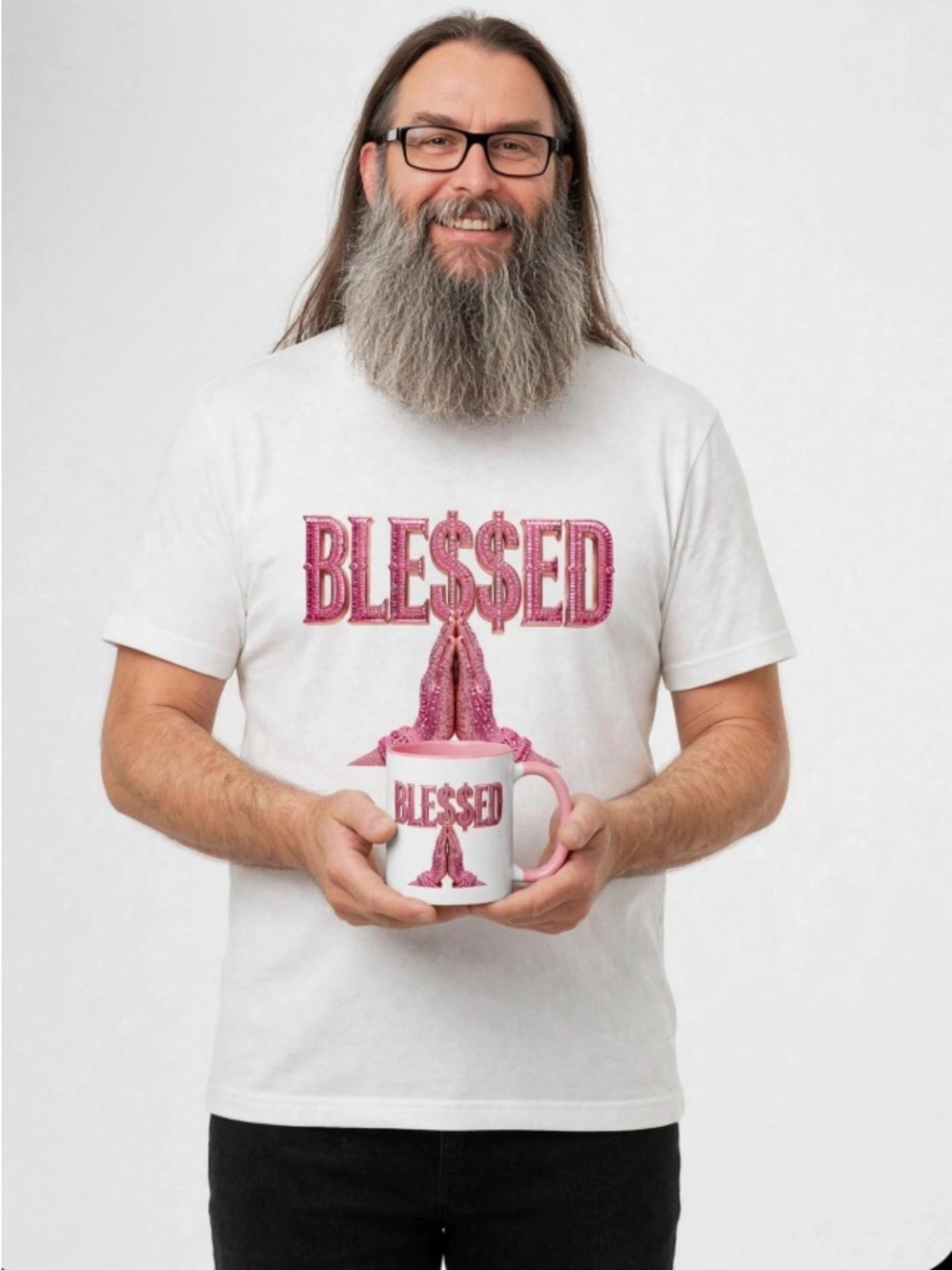 Black Mug with Pink "BLESSED" Design and Praying Hands - Picture 8 of 10